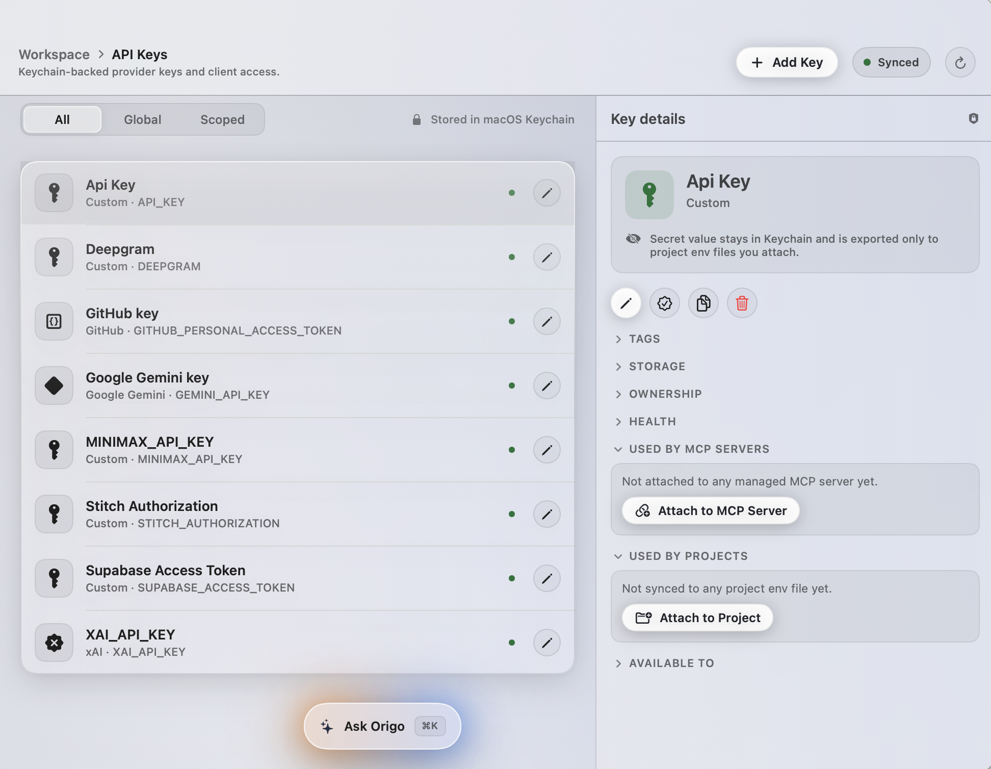 The API Keys screen showing Keychain-backed credentials and which servers each one is attached to
