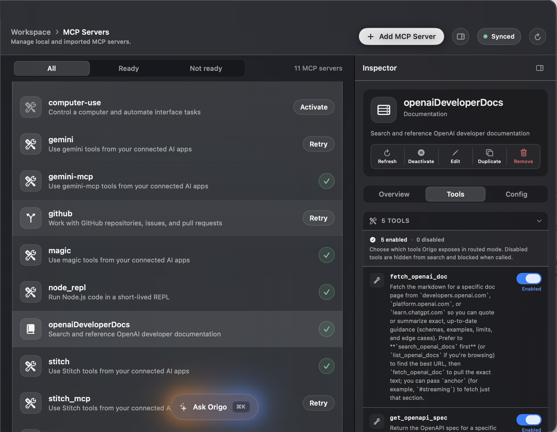 The MCP Servers screen with one canonical server list and the server inspector open