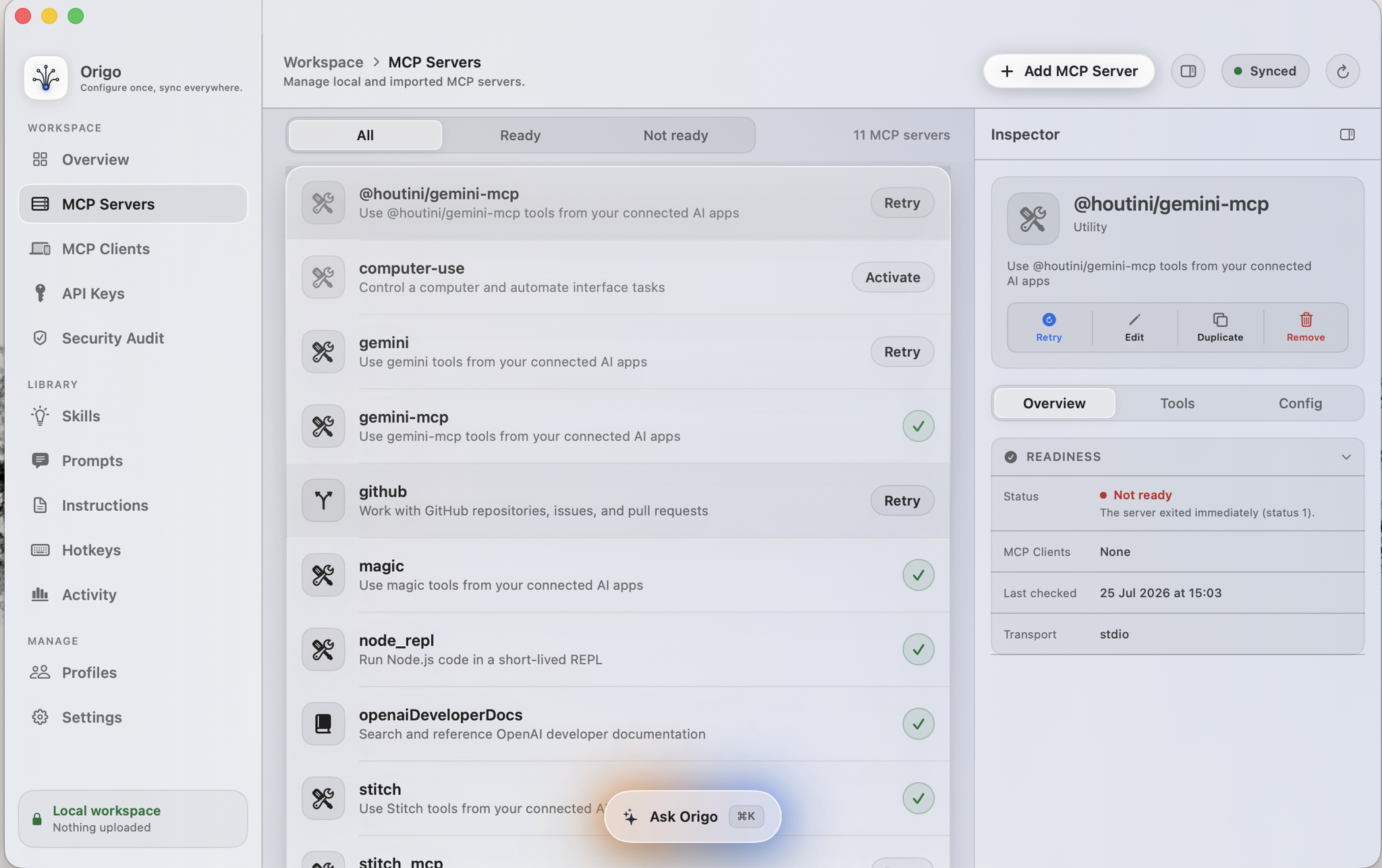 The MCP Servers screen with one canonical server list and the server inspector open